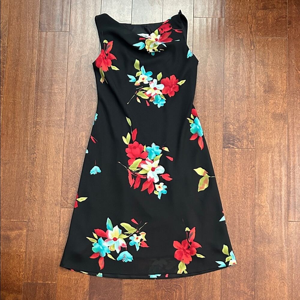 Vintage 90s Ronni Nicole Black Floral Midi Dress with Cowl Neckline, Size 4
